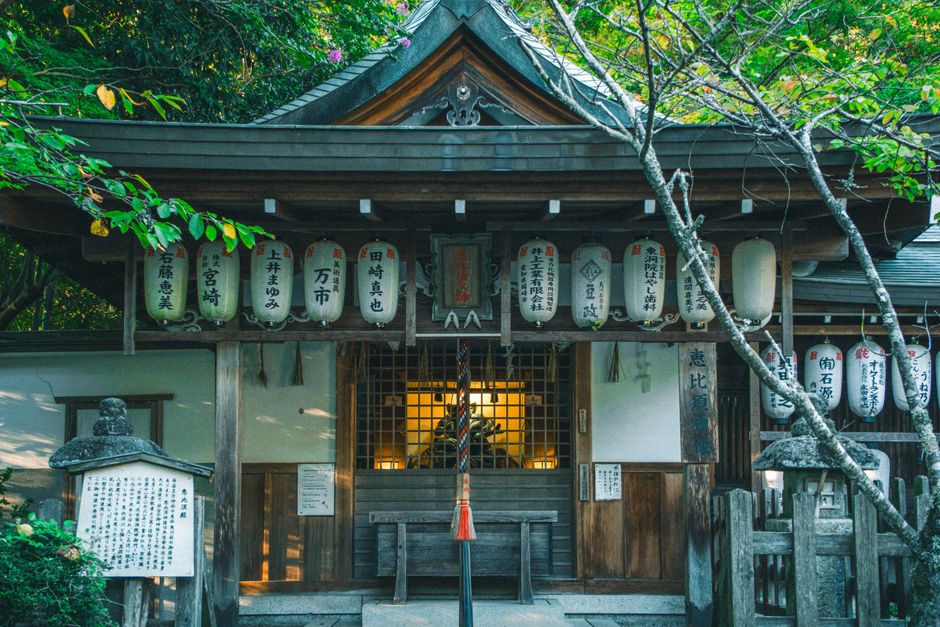 Serene view of a Japanese shrine adorned with lanterns amidst lush greenery.